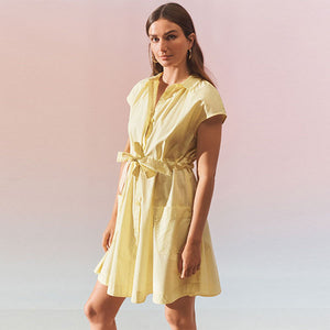 Yellow Short Sleeve Tie Waisted Mini Shirt Dress