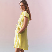 Load image into Gallery viewer, Yellow Short Sleeve Tie Waisted Mini Shirt Dress
