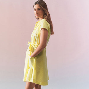 Yellow Short Sleeve Tie Waisted Mini Shirt Dress