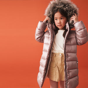 Toffee Pink Shower Resistant Faux Fur Trim Padded Coat (3-12yrs)