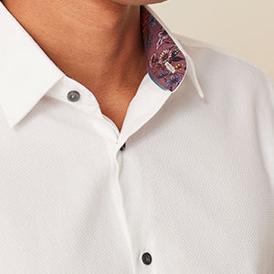 White Slim Fit 100% Cotton Textured Trimmed Single Cuff Shirt