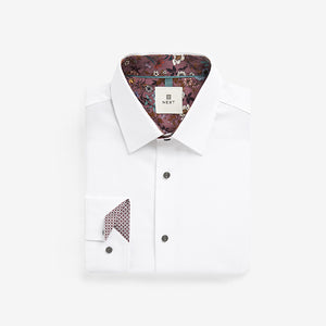 White Slim Fit 100% Cotton Textured Trimmed Single Cuff Shirt