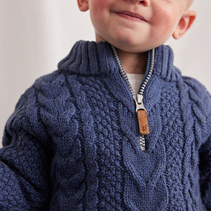 Blue Zip Neck Chunky Cable Jumper (3mths-6yrs)