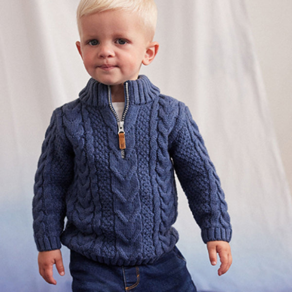 Blue Zip Neck Chunky Cable Jumper (3mths-6yrs)