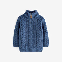 Load image into Gallery viewer, Blue Zip Neck Chunky Cable Jumper (3mths-6yrs)
