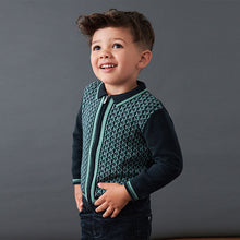 Load image into Gallery viewer, Navy Blue Long Sleeve Knitted Polo Shirt With Geometric Pattern (3mths-6yrs)
