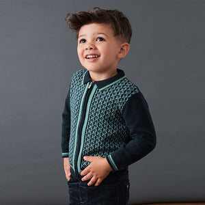 Navy Blue Long Sleeve Knitted Polo Shirt With Geometric Pattern (3mths-6yrs)