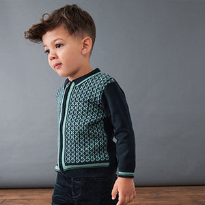 Navy Blue Long Sleeve Knitted Polo Shirt With Geometric Pattern (3mths-6yrs)