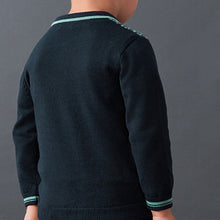 Load image into Gallery viewer, Navy Blue Long Sleeve Knitted Polo Shirt With Geometric Pattern (3mths-6yrs)
