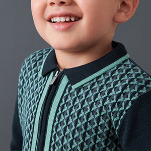 Navy Blue Long Sleeve Knitted Polo Shirt With Geometric Pattern (3mths-6yrs)