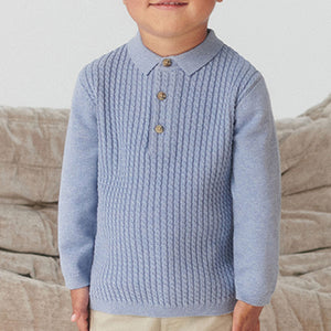 Blue Cable Knit Smart Long Sleeve Polo Shirt (3mths-6yrs)