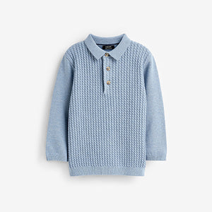 Blue Cable Knit Smart Long Sleeve Polo Shirt (3mths-6yrs)