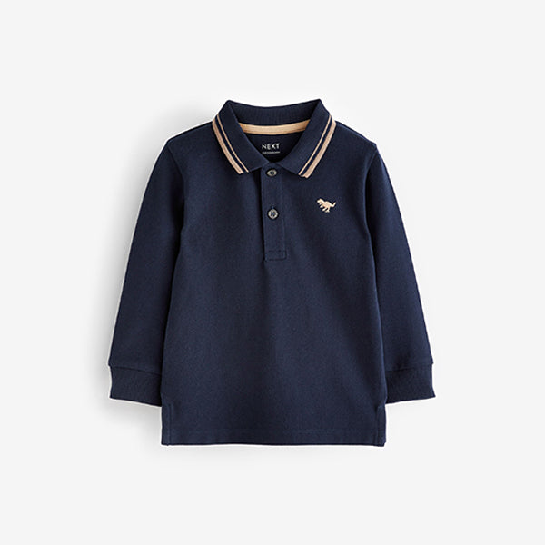 Navy Blue Tipped Long Sleeve Polo Shirt (3mths-6yrs)