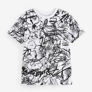 White Mono Graffiti Scribble Short Sleeve All-Over Print T-Shirt (3-12yrs)