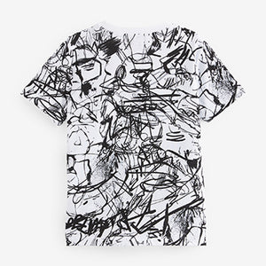 White Mono Graffiti Scribble Short Sleeve All-Over Print T-Shirt (3-12yrs)
