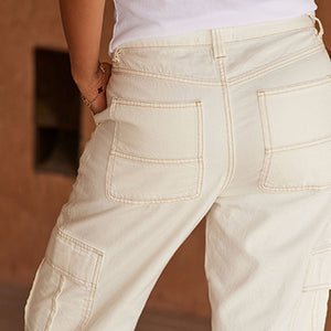 Ecru White Denim Cargo Trousers