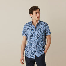 Load image into Gallery viewer, Dark Blue Floral Slim Fit Printed Trimmed Short Sleeve Shirt
