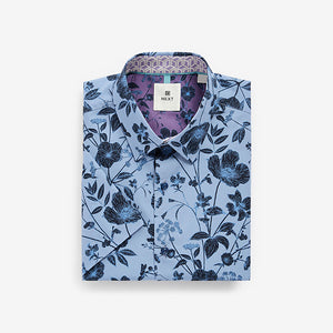 Dark Blue Floral Slim Fit Printed Trimmed Short Sleeve Shirt
