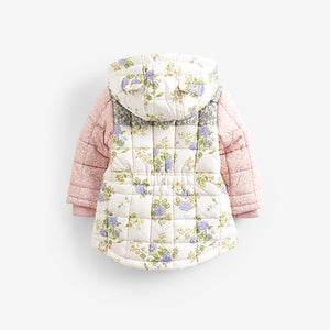 Multi Floral Shower Resistant Colourblock Quilted Coat (3mths-6yrs)