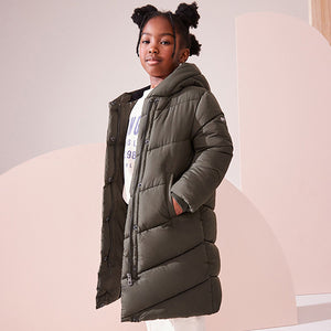Khaki Green Regular Length Shower Resistant Faux Fur Lined Hooded Padded Coat (3-12yrs)
