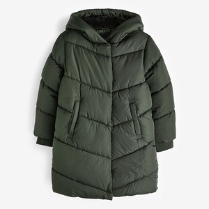 Khaki Green Regular Length Shower Resistant Faux Fur Lined Hooded Padded Coat (3-12yrs)