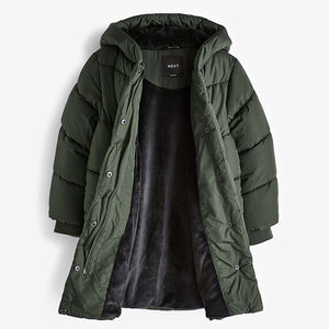 Khaki Green Regular Length Shower Resistant Faux Fur Lined Hooded Padded Coat (3-12yrs)