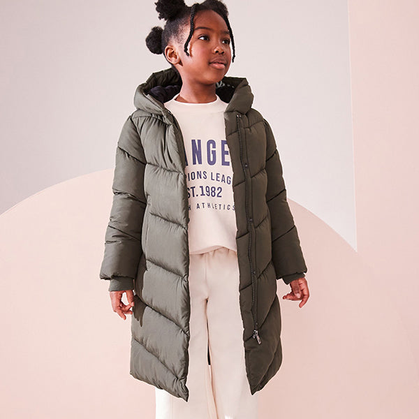 Khaki Green Regular Length Shower Resistant Faux Fur Lined Hooded Padded Coat (3-12yrs)