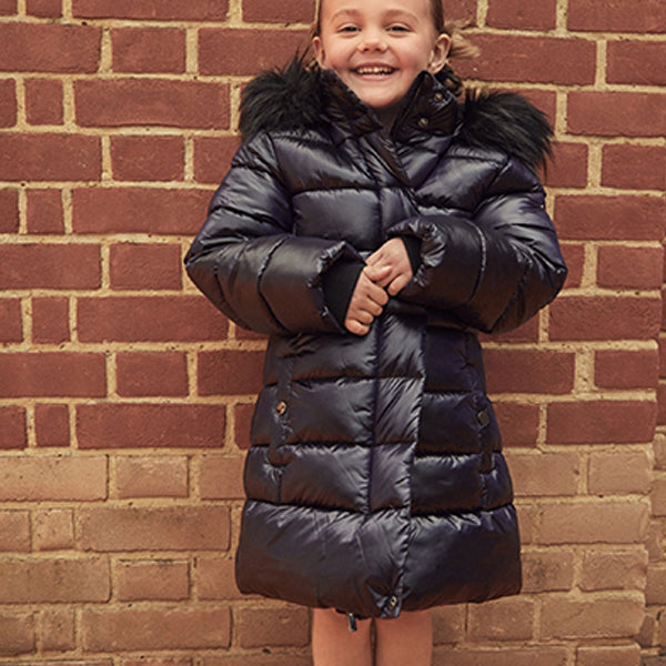 Navy Blue Shower Resistant Faux Fur Trim Padded Coat (3-12yrs)