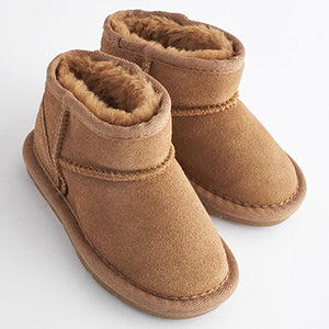 Tan Brown Suede Faux Fur Lined Water Repellent Pull-On Suede Boots (Younger Girls)