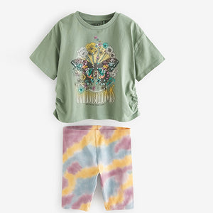 Khaki Green Sequin Butterfly T-Shirt and Cycling Shorts Set (3-12yrs)