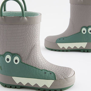 Neutral 3D Crocodile Handle Wellies (Younger Boys)