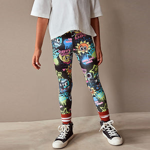 Black Graffiti Character Printed Leggings (3-12yrs)