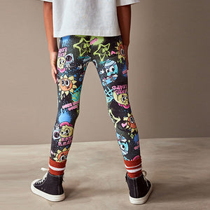 Black Graffiti Character Printed Leggings (3-12yrs)