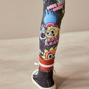 Black Graffiti Character Printed Leggings (3-12yrs)