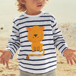 White/Blue Stripe Lion Long Sleeve Character T-Shirt (3mths-6yrs)