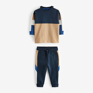 Colbalt Blue Long Sleeve Cosy Colourblock T-Shirt and Joggers Set (3mths-6yrs)