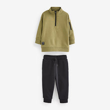 Load image into Gallery viewer, Khaki Green/black Funnel Neck Sweatshirt and Jogger Set (3mths-7yrs)
