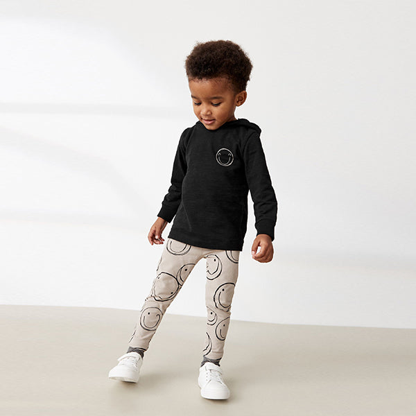 Black/Ecru Cream Smile Face Long Sleeve Hoodie And Leggings Set (3mths-6yrs)