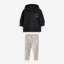 Load image into Gallery viewer, Black/Ecru Cream Smile Face Long Sleeve Hoodie And Leggings Set (3mths-6yrs)
