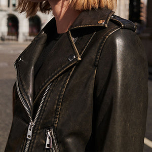 Washed Black Faux Leather Biker Jacket