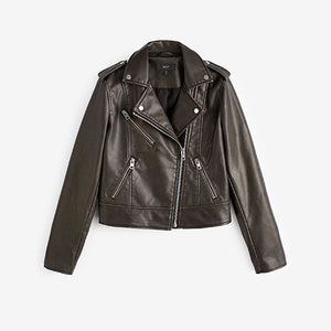 Washed Black Faux Leather Biker Jacket