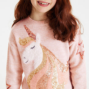 Pink Sequin Unicorn Knitted Jumper (3-12yrs)