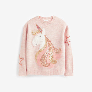 Pink Sequin Unicorn Knitted Jumper (3-12yrs)