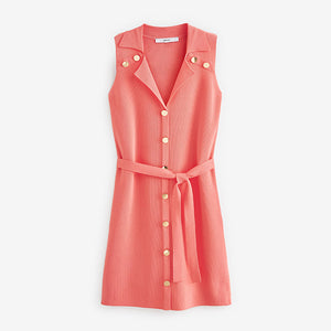 Coral Pink Button Detail Knit Dress with Tie Waist