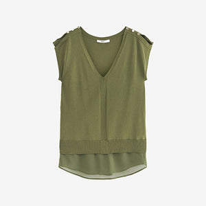 Khaki Green Split Shoulder Short Sleeve Knit Layer Top