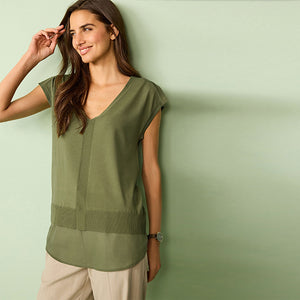 Khaki Green Split Shoulder Short Sleeve Knit Layer Top