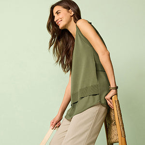 Khaki Green Split Shoulder Short Sleeve Knit Layer Top