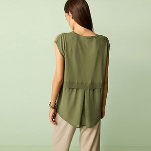 Khaki Green Split Shoulder Short Sleeve Knit Layer Top