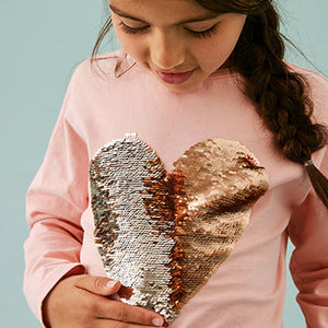 Pink/Gold Long Sleeve Sequin Heart T-Shirt (3-12yrs)