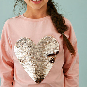 Pink/Gold Long Sleeve Sequin Heart T-Shirt (3-12yrs)